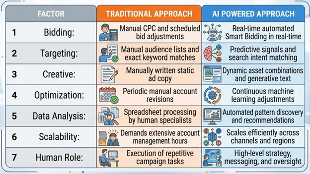 Traditional Google Ads vs AI-Powered Google Ads Table