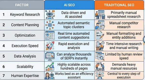 AI SEO vs Traditional SEO: What Is the Difference Table