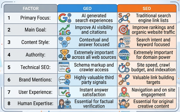 GEO vs SEO: What Is the Difference? Table