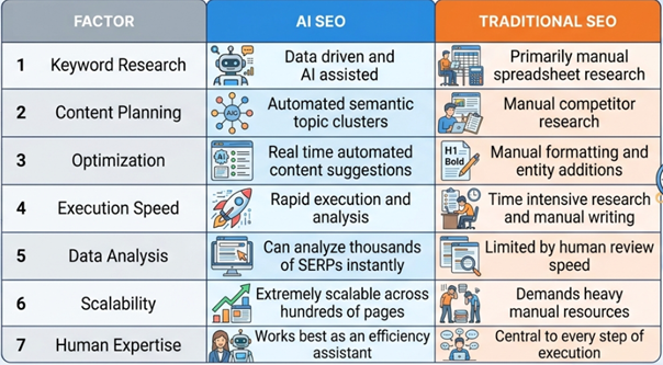 AI SEO vs Traditional SEO: What Is the Difference? Table